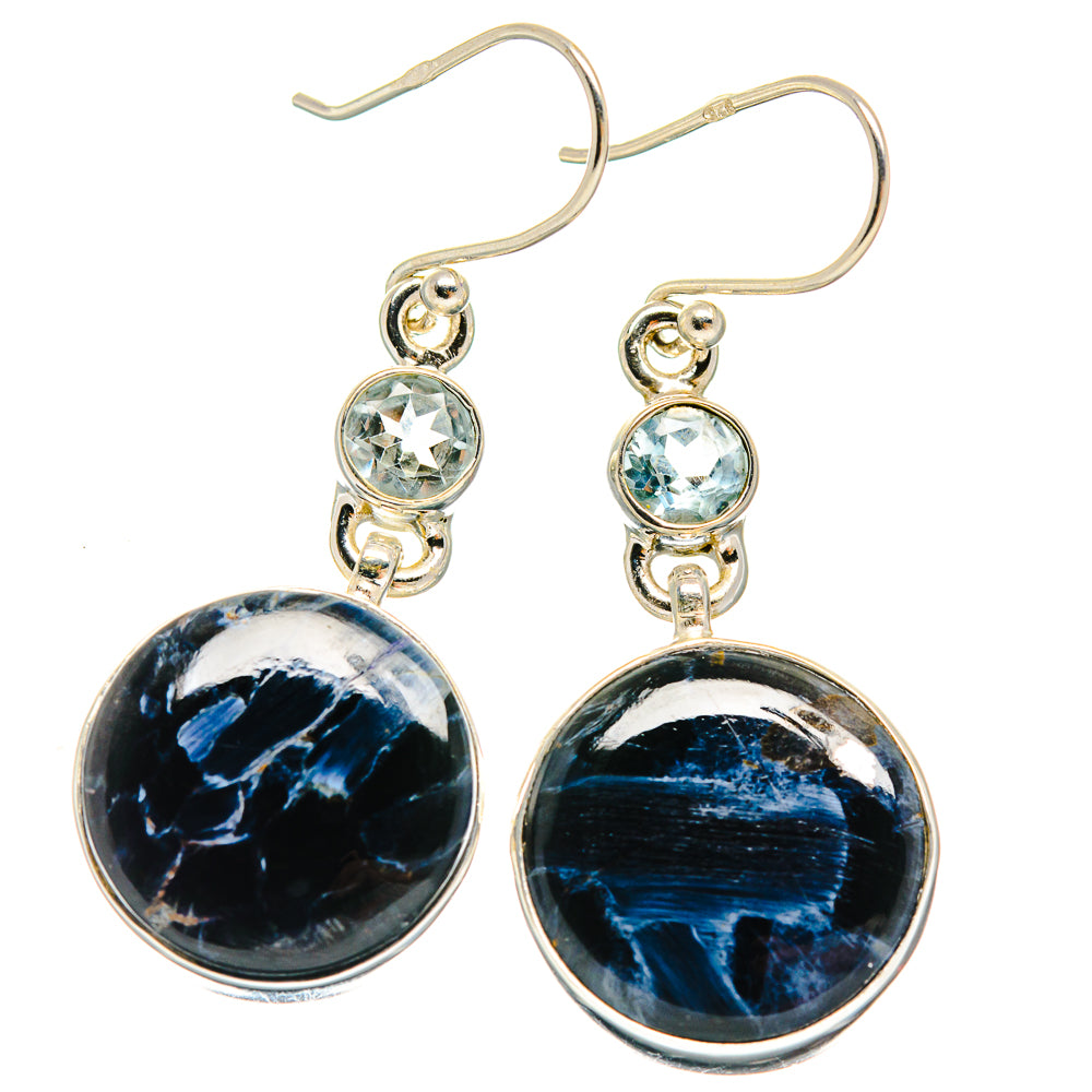 Sterling silver drop earrings with round pietersite cabochons and blue topaz accents