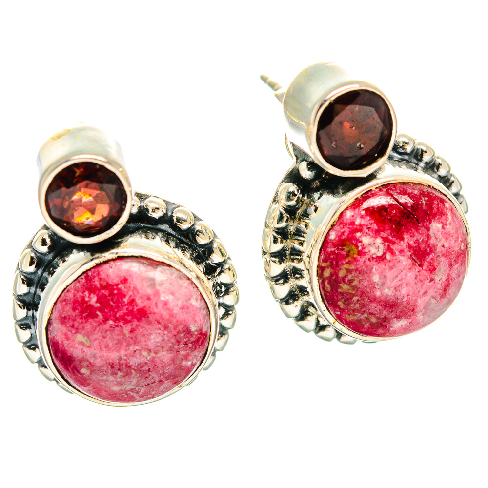 Sterling silver earrings with round pink stones and dark garnet top accents