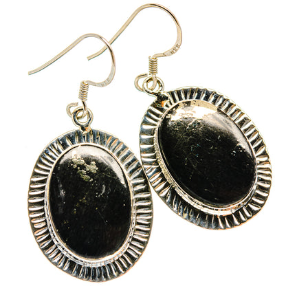 Pair of 925 sterling silver black onyx oval drop earrings with ribbed halo bezel and hooks
