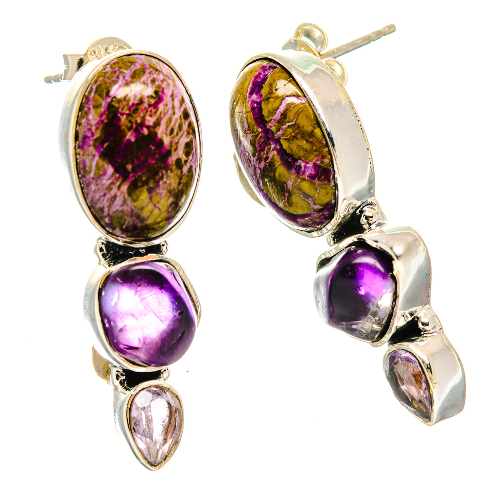 Pair of oval stichtite and amethyst earrings with hanging purple beads and clear teardrops