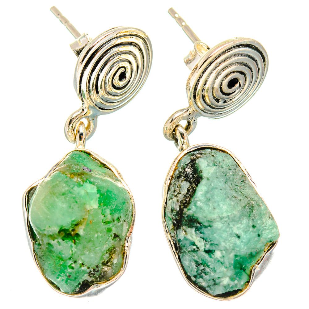 Sterling silver stud earrings with spiral tops, rough green chrysoprase teardrop dangles
