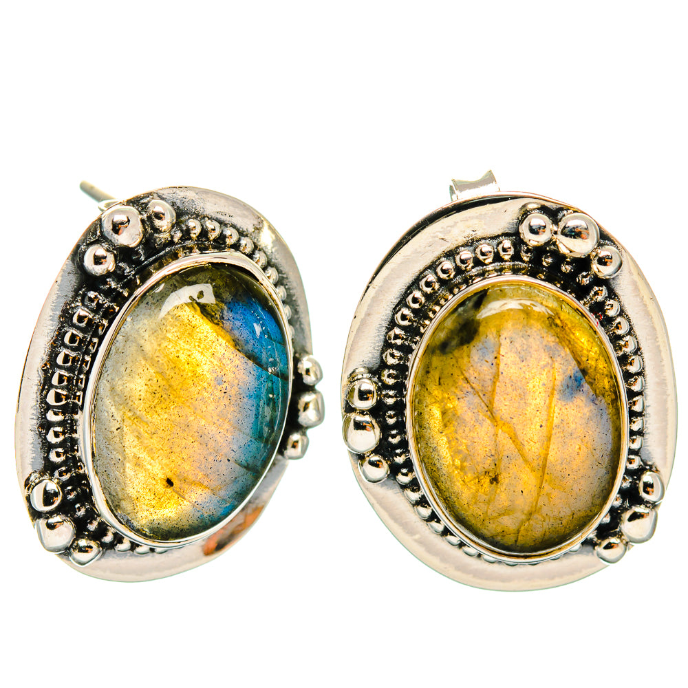 Oval labradorite stud earrings in 925 sterling silver, yellow-blue stones with beaded rim.