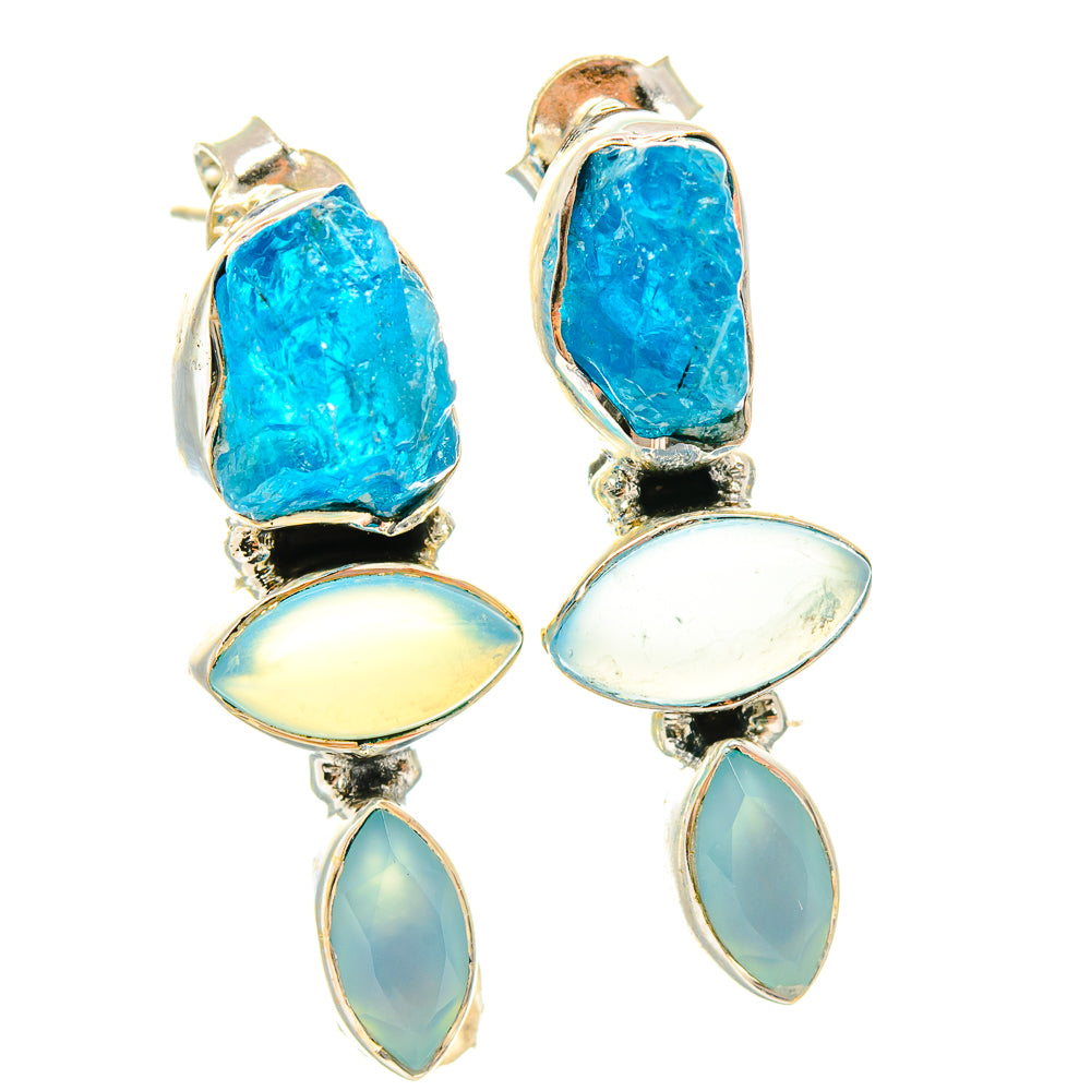 Sterling silver earrings with rough blue apatite, iridescent round and oval aqua drops