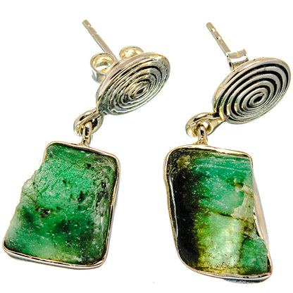 Sterling silver emerald earrings, rough green square drops on coil spiral backs