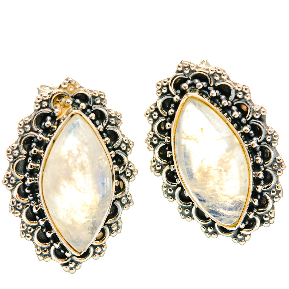 Oval moonstone drop earrings with black enamel, ornate 925 sterling silver filigree