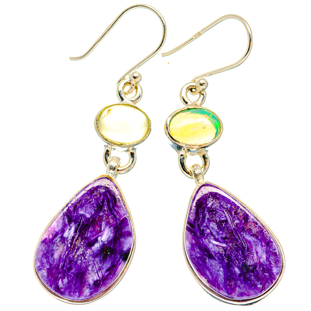Sterling silver teardrop earrings with purple charoite stone and round opal cabochon