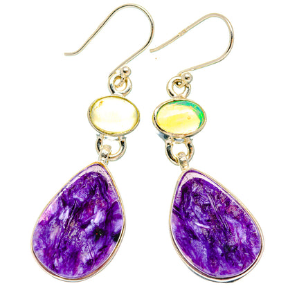 Sterling silver teardrop earrings with purple charoite stone and round opal cabochon