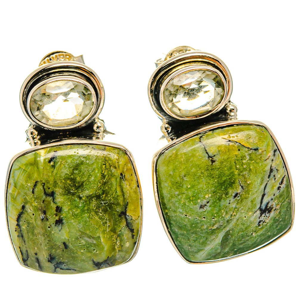 Pair of silver-tone jasper drop earrings with clear round crystals and square stones