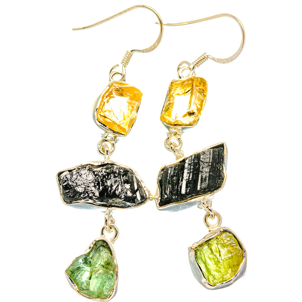 Sterling silver hook earrings with rough black, citrine-yellow, and peridot-green drops