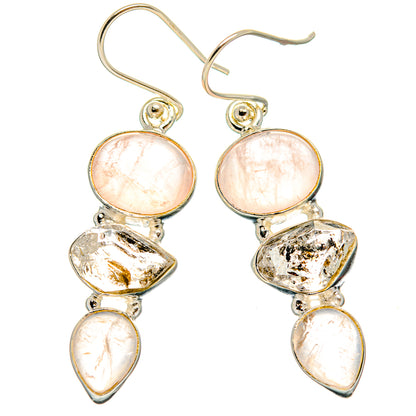 Rose quartz and Herkimer diamond drop earrings, 925 sterling silver, three-stone design