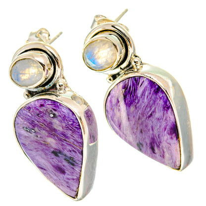 Sterling silver drop earrings with purple charoite teardrop and iridescent round moonstone