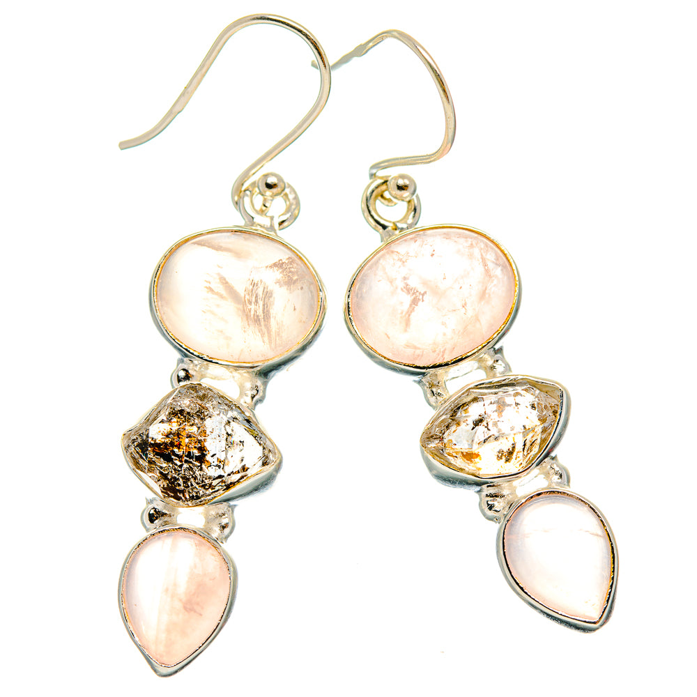 925 sterling silver drop earrings with pink rose quartz discs, teardrops, and clear crystal