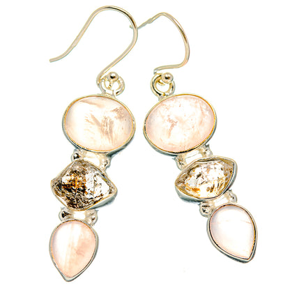 925 sterling silver drop earrings with pink rose quartz discs, teardrops, and clear crystal