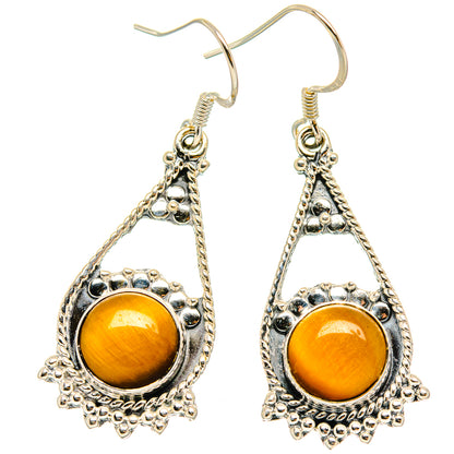 Sterling silver tiger-eye drop earrings with teardrop filigree and orange cabochon
