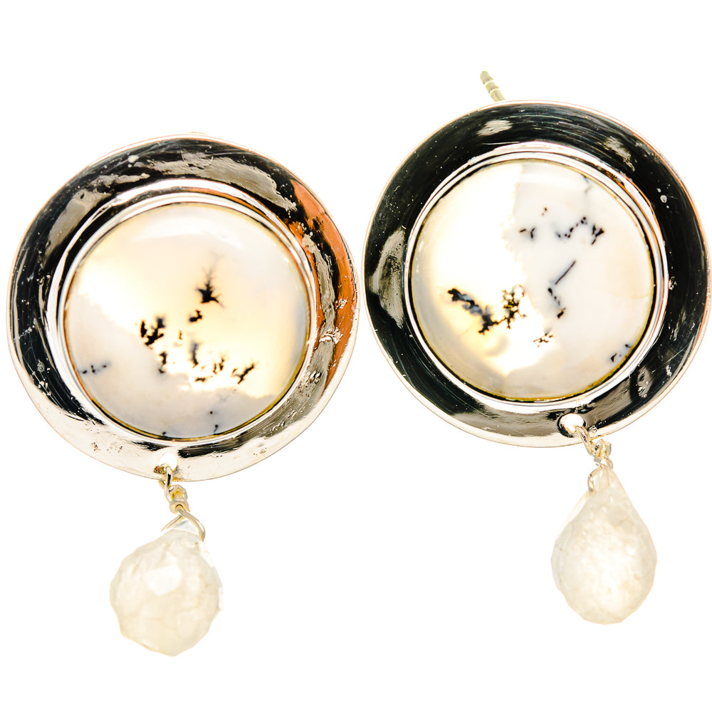 Sterling silver round cabochon earrings with white dendritic opal and pink teardrop dangles
