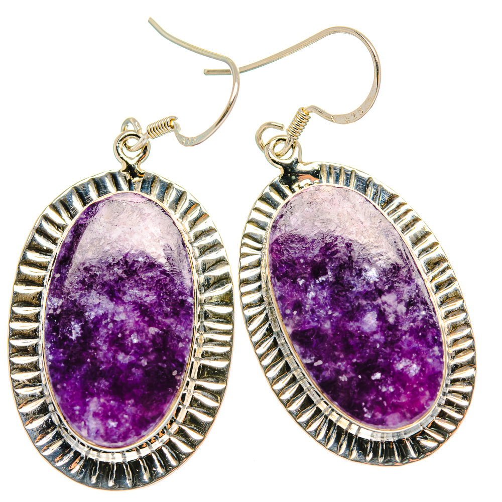 Oval purple charoite earrings in silver textured bezel, fishhook backs