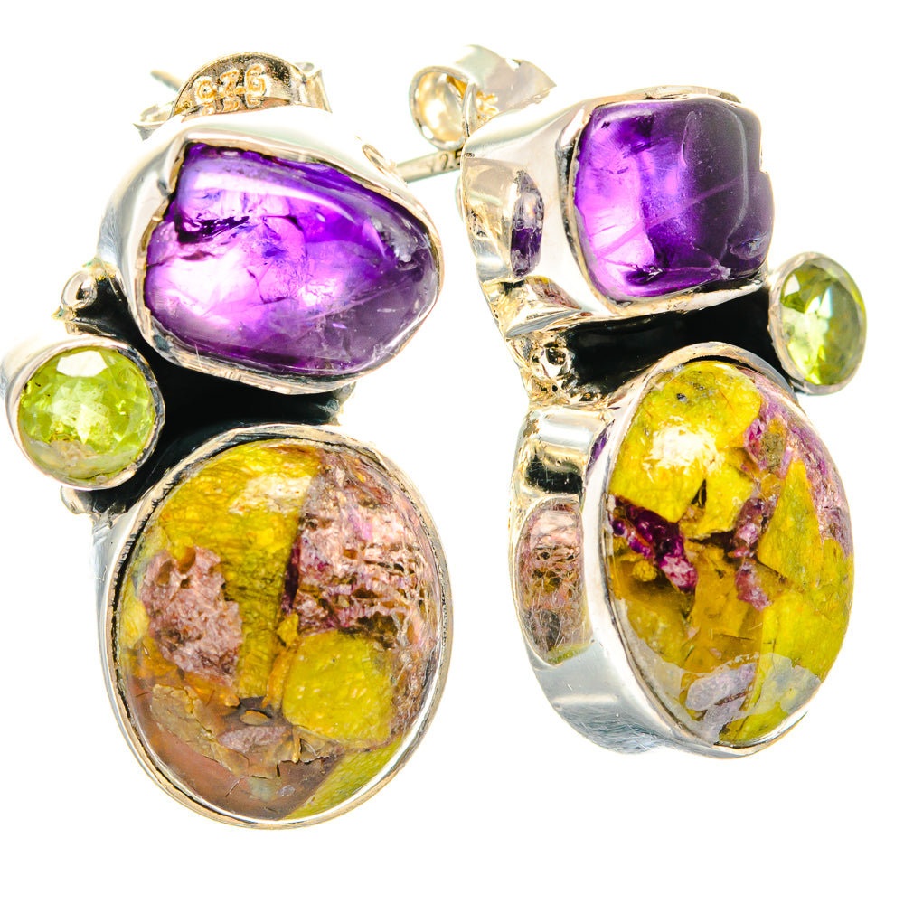 Sterling silver earrings with large purple amethyst and yellow-green peridot cabochons