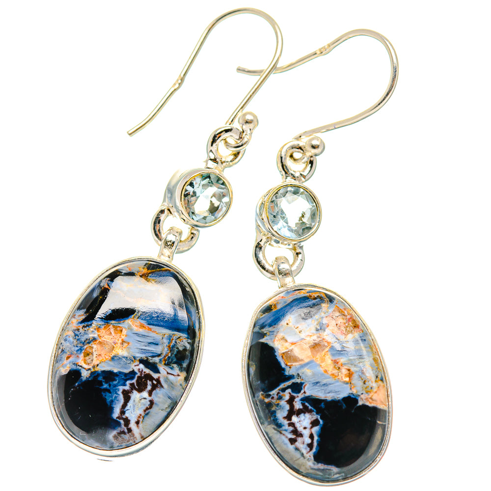 Blue topaz and pietersite drop earrings in 925 sterling silver, oval stones