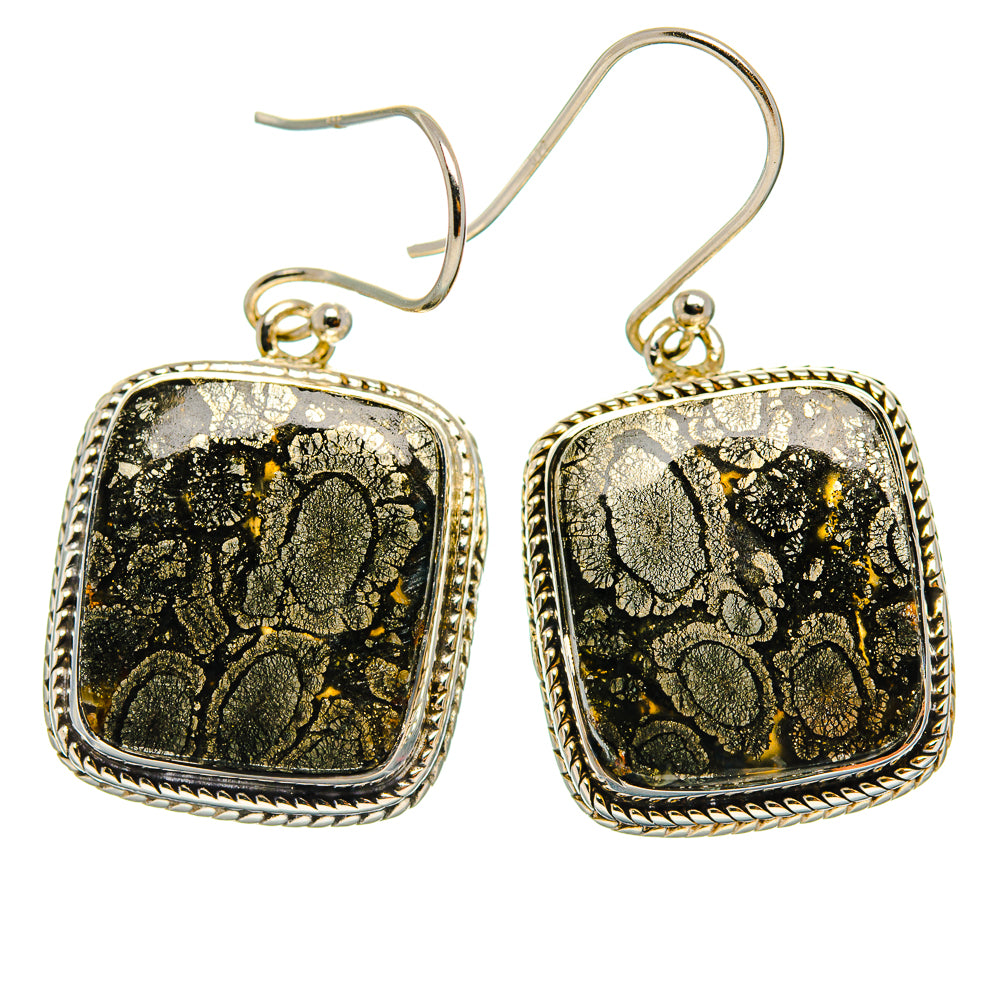 Square pyrite agate earrings, 925 sterling silver hooks, ornate rope border, dark gold flecks