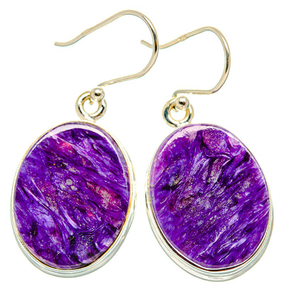 Purple oval charoite cabochon earrings in 925 sterling silver with round top loop