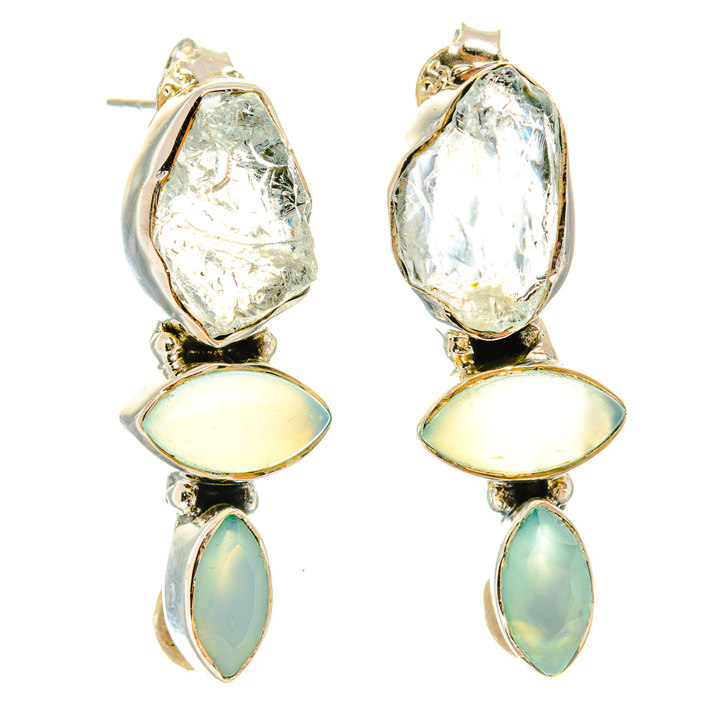Gold-tone rough quartz teardrop earrings with pale yellow and aqua opal cabochons