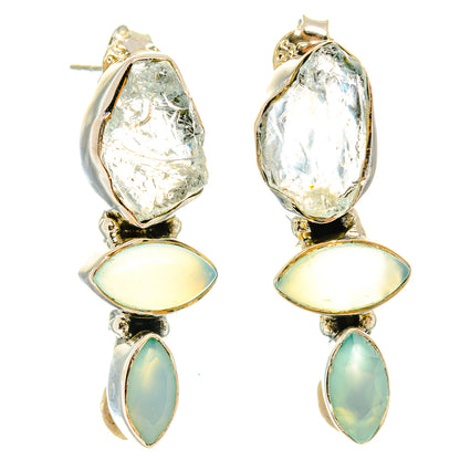 Gold-tone rough quartz teardrop earrings with pale yellow and aqua opal cabochons