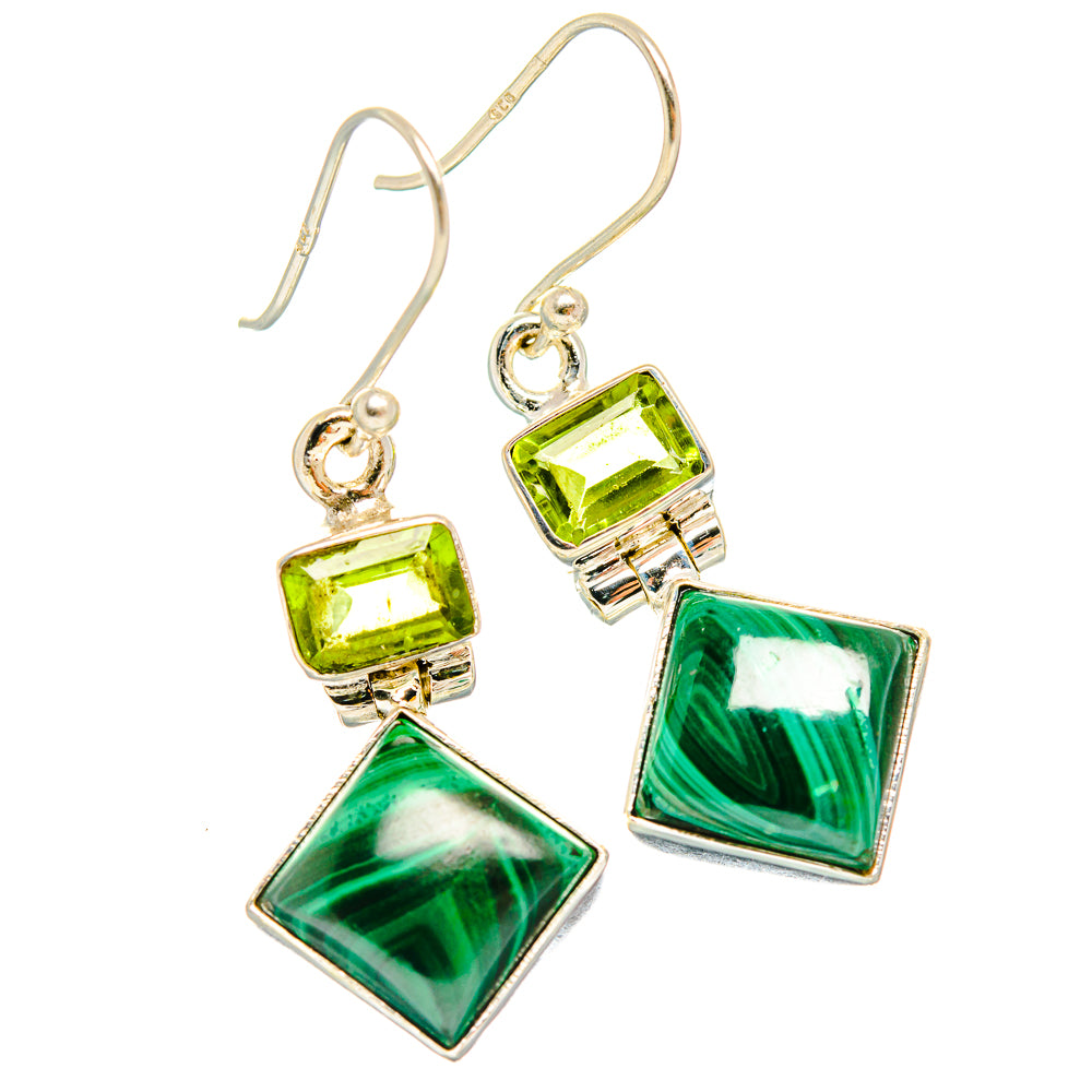 925 sterling silver drop earrings with peridot squares and malachite diamonds on hooks