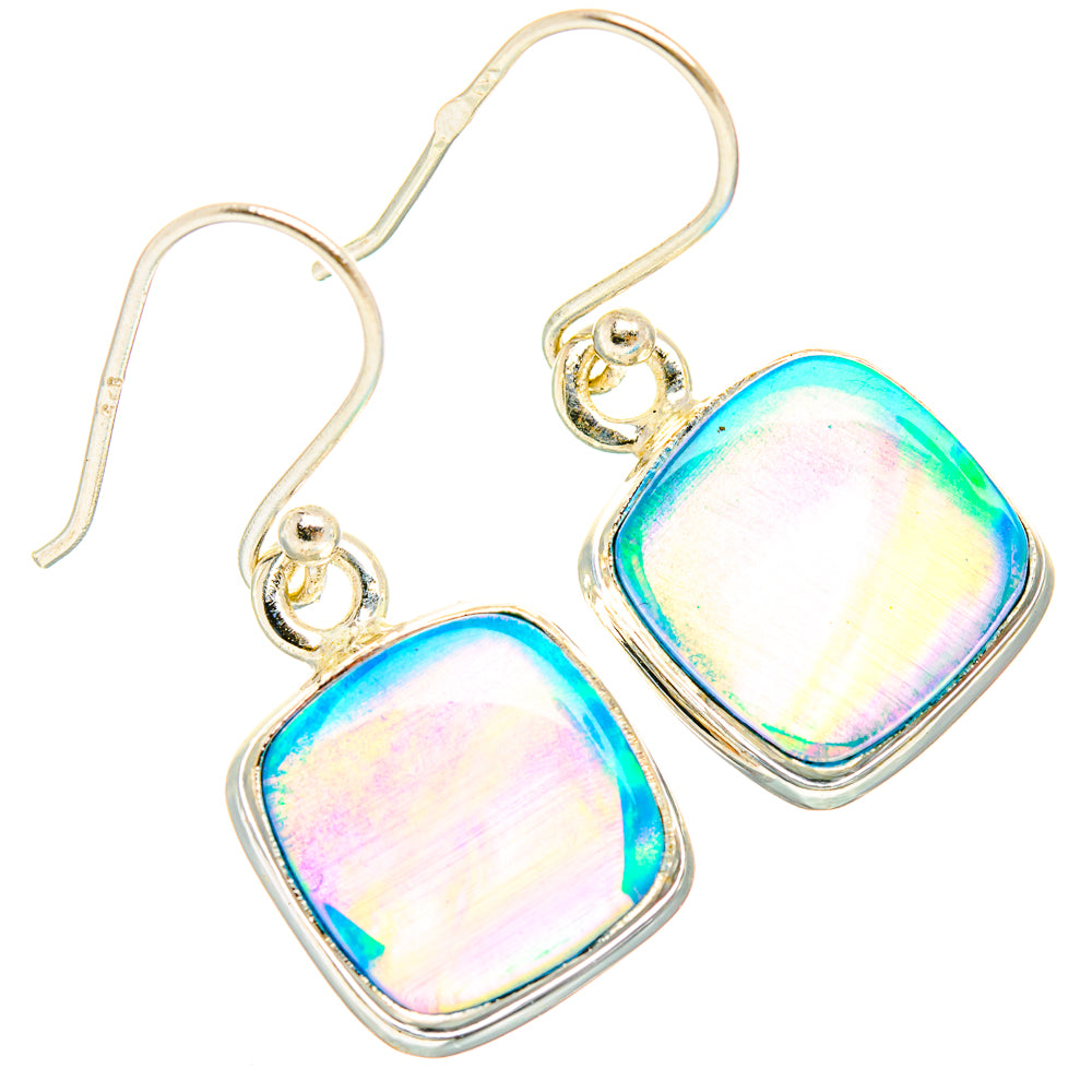 Sterling silver opal earrings with rounded-square iridescent rainbow panels and fishhook backs
