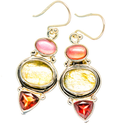 Sterling silver drop earrings featuring red oval cabochons, yellow round stones, and red triangle garnets