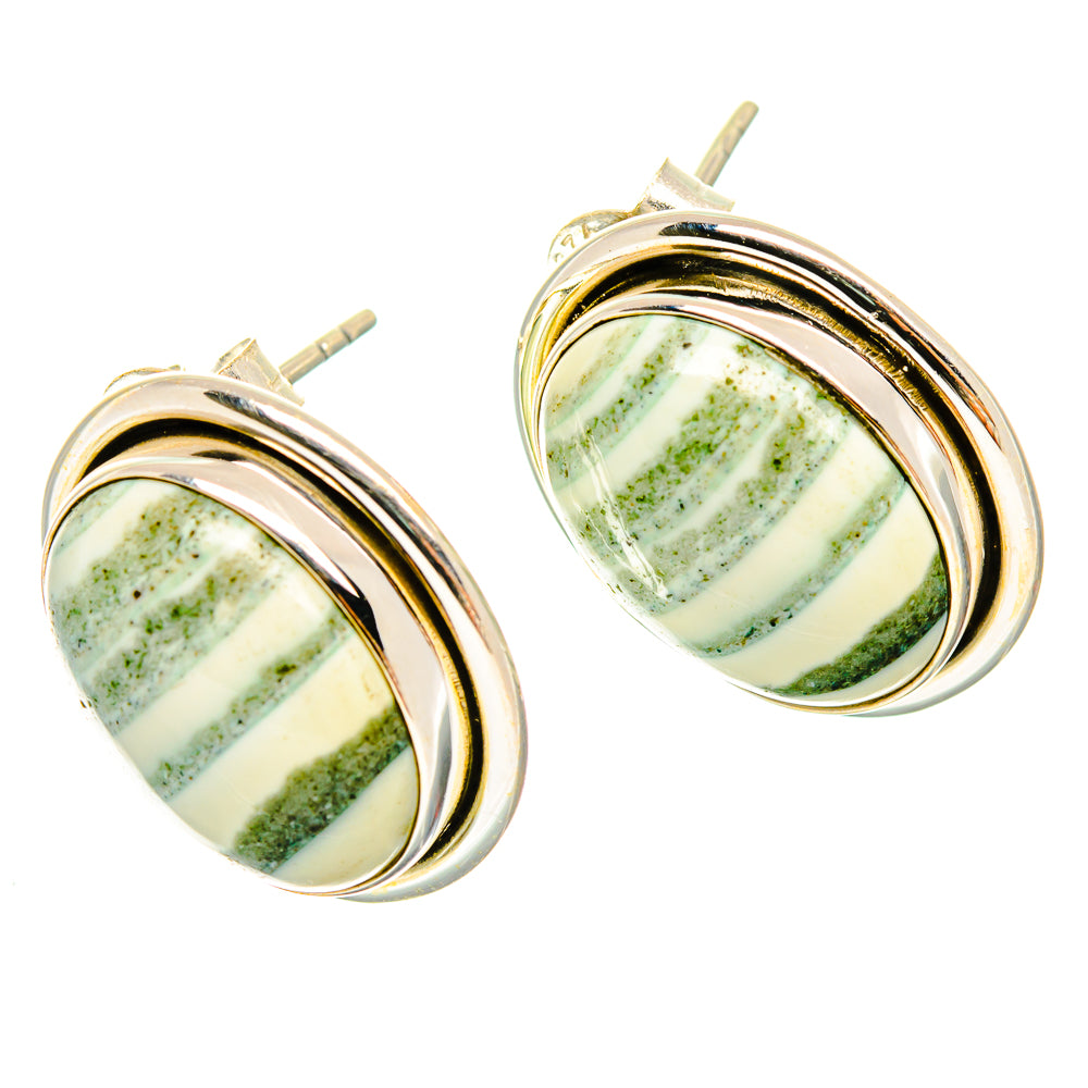 Oval gemstone stud earrings with green-and-cream striped cabochon and stacked gold frames