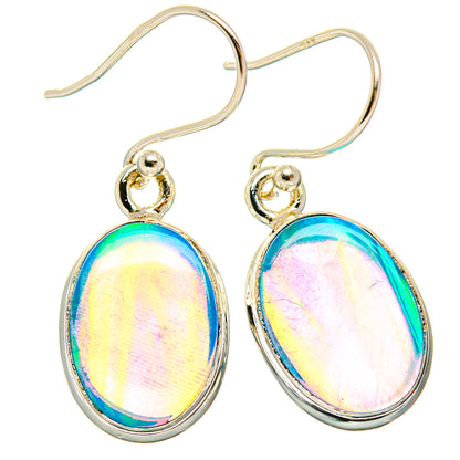Sterling silver opal oval drop earrings with rainbow iridescent cabochons