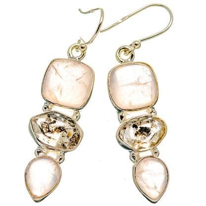 Rose quartz and herkimer diamond drop earrings, stacked pink stones with clear textured center