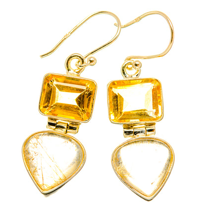 Gold-tone dangle earrings with square citrine tops and rutilated heart drops