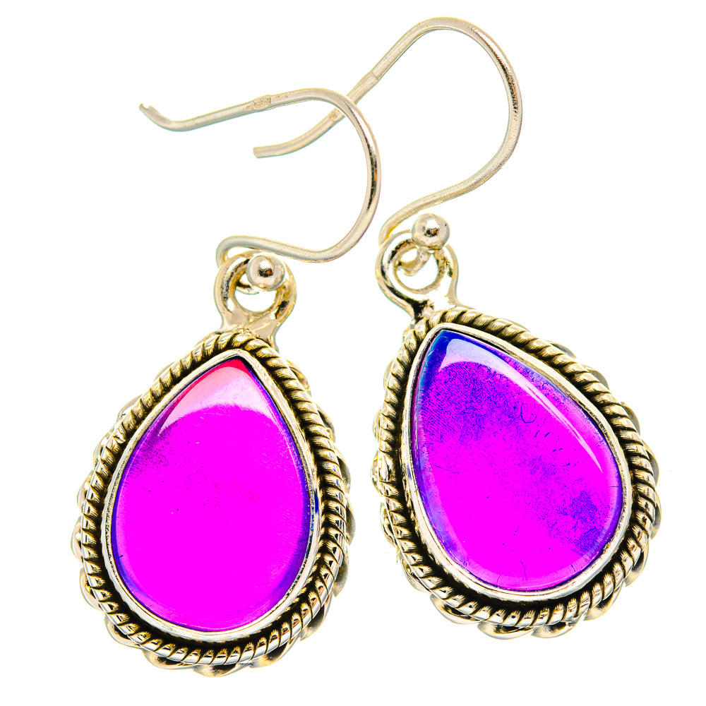 Sterling silver opal teardrop earrings with hot-pink gems in ornate gold-tone frames