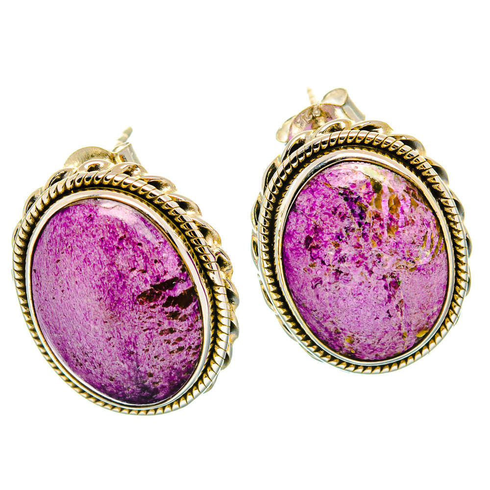 Stichtite gemstone stud earrings featuring oval purple stone with rope-textured gold-tone frames