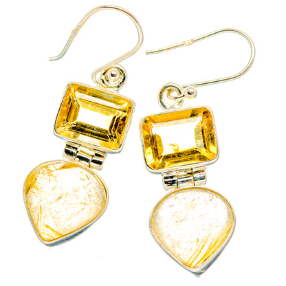 Square citrine and teardrop rutilated quartz drop earrings in 925 sterling silver