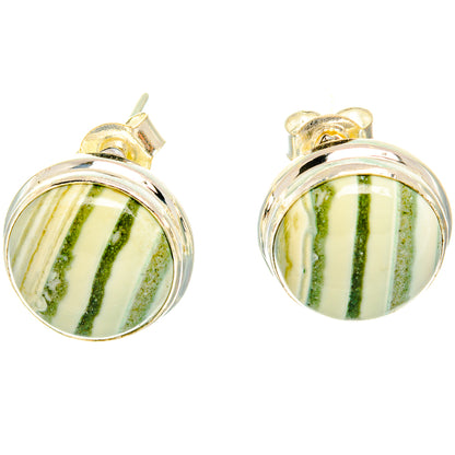 Sterling silver stud earrings with green-and-cream striped oval jasper cabochons