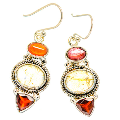 925 sterling silver gemstone earrings with iridescent labradorite, orange-red cabochons, garnet triangles
