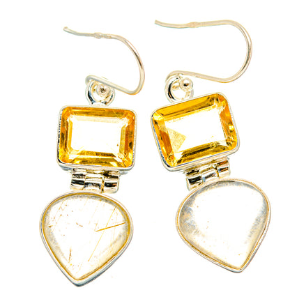 Dangle earrings in 925 sterling silver with square citrine and heart rutilated quartz