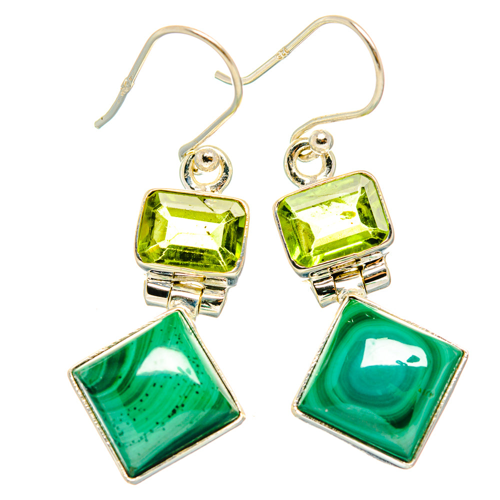 Green gemstone drop earrings with square and rectangular stones, silver-tone hooks