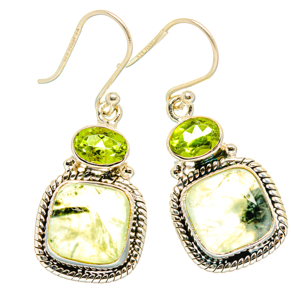 Sterling silver peridot and prehnite dangle earrings, green gemstones in ornate bezel