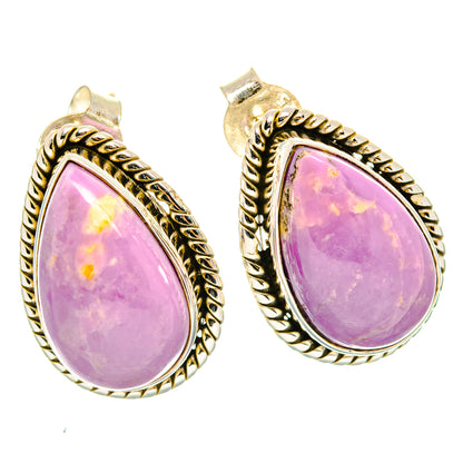 Phosphosiderite teardrop earrings, purple cabochon stones in ornate gold-tone frames