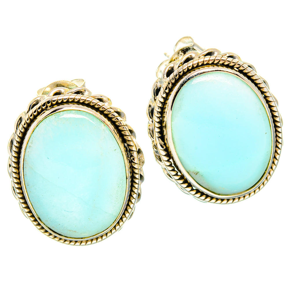 Oval light blue stone stud earrings, rope bezel, gold-tone 925 sterling silver setting
