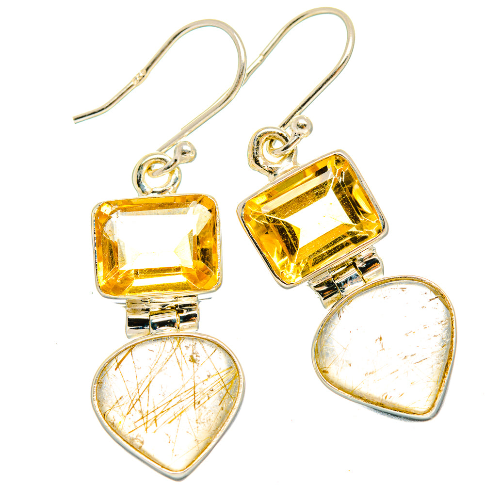 Square yellow citrine-style stone and heart rutilated quartz dangle earrings, 925 sterling
