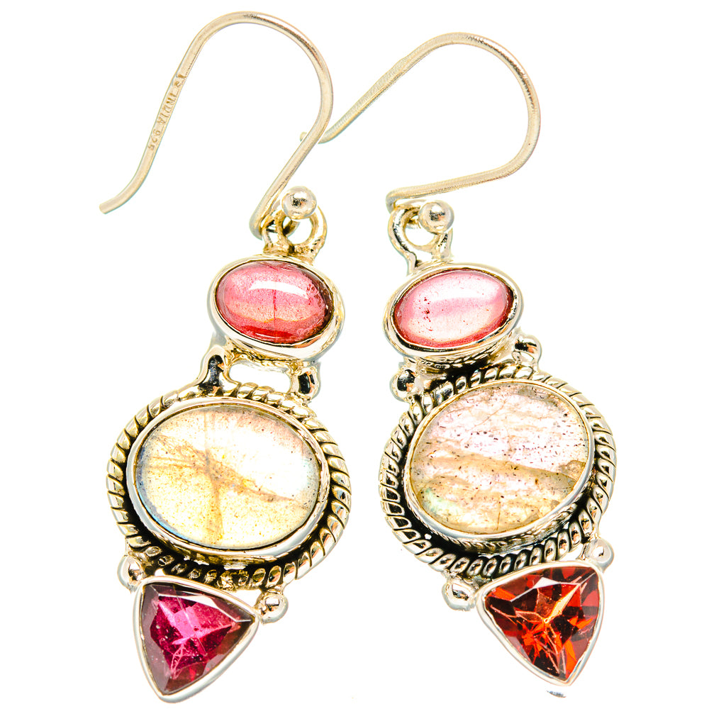 Sterling silver drop earrings with pink-red oval cabochons, iridescent round stone, and red triangle