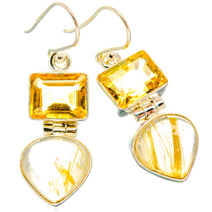 Sterling silver drop earrings with square citrine and heart dangle with golden streaks