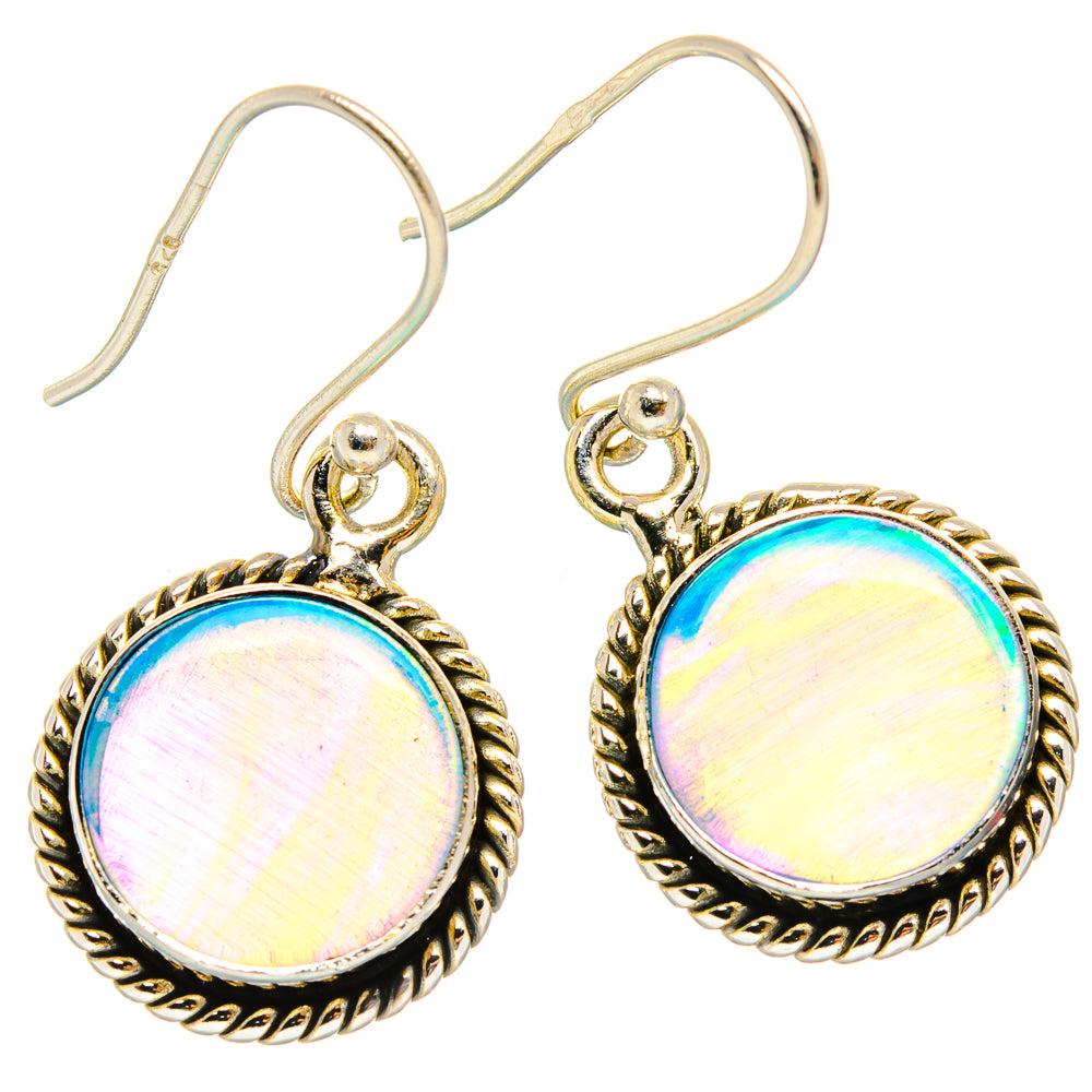 Sterling silver round opal cabochon drop earrings with braided bezel and curved hooks