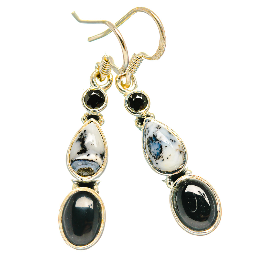 Sterling silver drop earrings with oval black onyx and white dendritic opal cabochons