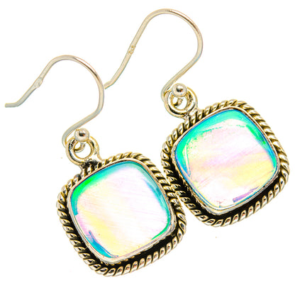 Oval iridescent opal-style earrings with rope-edged bezel and round top hook, 925
