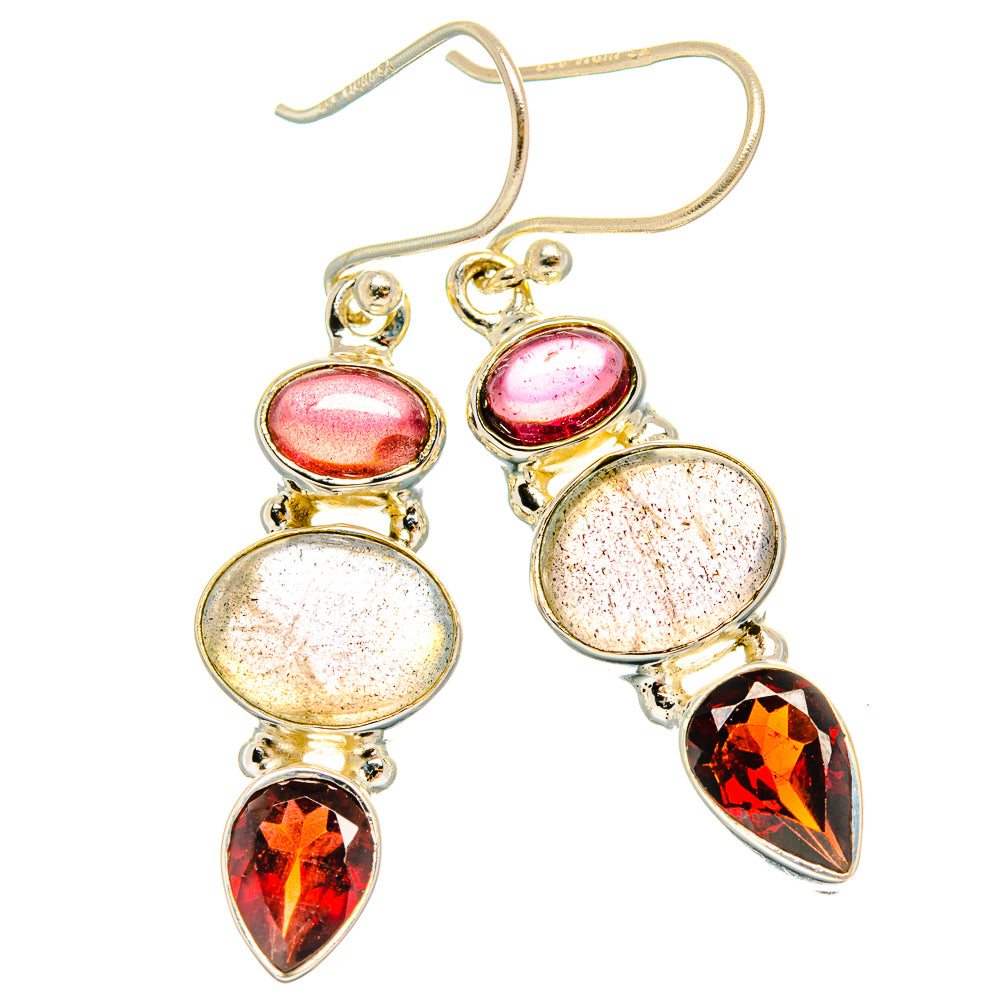 Silver-tone drop earrings with pink oval stones, speckled round stones, and orange-red pear accents